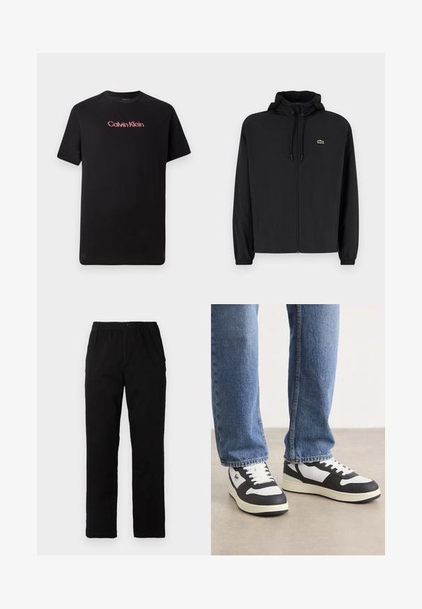 Svart zip-up jakke med hette, laget av lett materiale. Har elastiske mansjetter og en liten grønn logo på venstre bryst.; Sort t-skjorte med korte ermer laget av bomull, med et sentralt Calvin Klein-logo i rødt og hvitt, rund hals og avslappet passform.; Sorte bukser laget av bomullsblandet stoff, med rett snitt, elastisk midjebånd med knapp, og uten synlige mønstre eller detaljer.; Svart-hvite lave sneakers med teksturert overdel, perforert tå, hvite snørebånd og en kremfarget såle.
