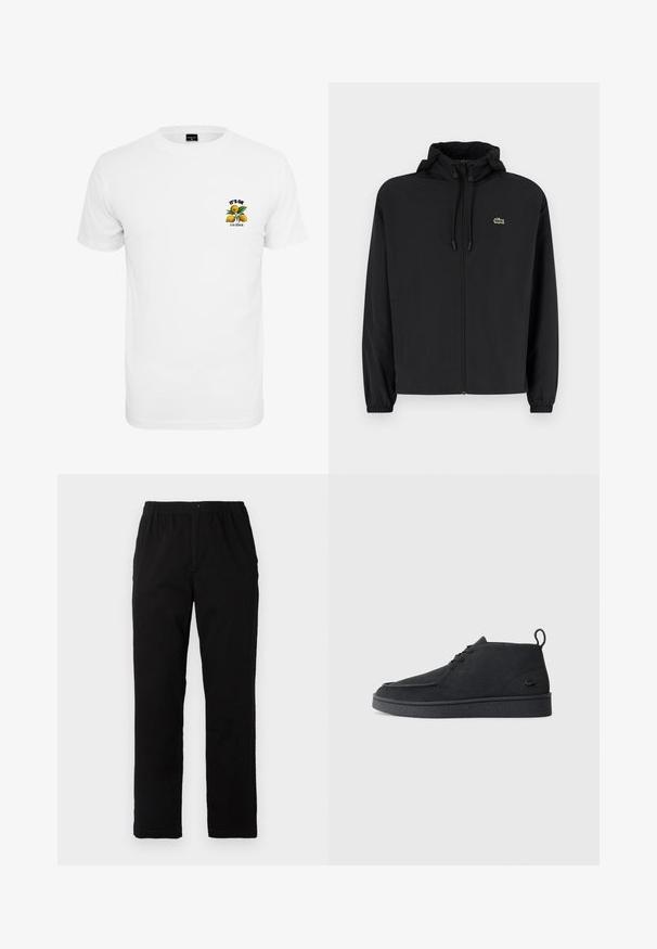Svart zip-up jakke med hette, laget av lett materiale. Har elastiske mansjetter og en liten grønn logo på venstre bryst.; Hvit bomull T-skjorte med et frontgrafikk av sitroner og teksten: "DET ER LOV å være annerledes." Klassisk rund hals og korte ermer.; Sorte bukser laget av bomullsblandet stoff, med rett snitt, elastisk midjebånd med knapp, og uten synlige mønstre eller detaljer.; Svart semsket snøring ankelstøvel med drageløkke og teksturert såle, med en liten preget krokodillelogo på siden.