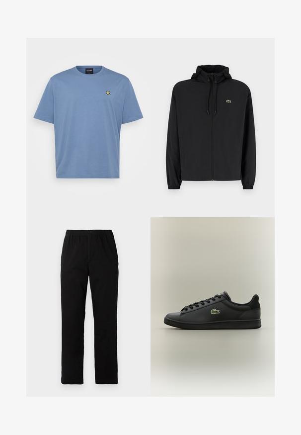 Juodas užtrauktukas striukė su gaubtu, pagaminta iš lengvos medžiagos. Savybės: elastiniai apykaklės ir mažas žalias logotipas kairėje krūtinės pusėje.; Šviesiai mėlynas medvilninis marškinėliai su klasikinėmis apvaliomis iškirptėmis. Ant kairiojo krūtinės puikuojasi mažas siuvinėtas geltonas logotipas. Trumpomis rankovėmis, laisvas kirpimas.; Juodi kelnės, pagamintos iš medvilnės mišinio, su tiesiomis kirpimo linijomis, elastingu liemeniu su mygtuku ir be aiškių raštų ar akcentų.; Juodas žemas odinis sportbaikis su juodais raišteliais, šone esantis žalias krokodilo logotipas, prieš neutralų fono.