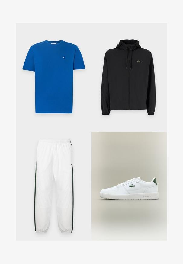 Čierna mikina na zips s kapucňou, vyrobená z ľahkého materiálu. Má elastické manžety a malú zelenú značku na ľavej hrudi.; Modré bavlnené tričko s okrúhlym výstrihom a krátkymi rukávmi. Na ľavej strane hrude je malé biele logo. Hladká textúra, ležérny dizajn.; Biele športové nohavice s tmavozelenými bočnými panelmi. Ľahký materiál, elastický pás a sťahované lemy. Obsahujú sieťovinovú textúru na bočných paneloch.; Biele kožené tenisky s hladkým povrchom, zelenými akcentami na päte a zeleným logom na boku. Majú plochú podrážku a okrúly špičku.