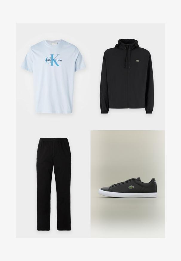 Casaco preto com fecho éclair e capuz, feito de material leve. Apresenta punhos elásticos e um pequeno logotipo verde no lado esquerdo do peito.; T-shirt de algodão azul claro com um grande logótipo azul "CK" e o texto "Calvin Klein" em azul escuro contrastante. Mangas curtas, design de gola redonda.; Calças pretas feitas de um tecido de algodão misto, com corte reto, cintura elástica com botão e sem padrões ou detalhes visíveis.; Tênis de couro preto com sola de borracha branca, apresentando um logotipo de crocodilo verde e cadarços redondos, design elegante com textura suave.