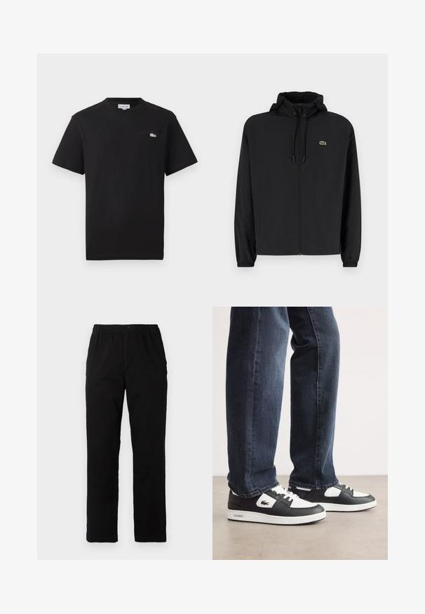 Jachetă neagră cu fermoar și glugă, fabricată din material ușor. Are manșete elastice și un mic logo verde pe pieptul stâng.; Tricou negru din bumbac cu guler rotund. Prezintă un mic logo brodat Lacoste verde și alb pe piept. Mâneci scurte, croială normală.; Pantaloni negri dintr-un material textil amestecat de bumbac, cu croială dreaptă, talie elastică cu nasture și fără modele sau accente vizibile.; Adidași Lacoste negri și albi cu un superior din piele texturată, având un design cu șireturi și o talpă din cauciuc alb. Purtați cu blugi închiși la culoare.
