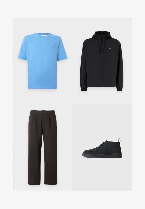 Giacca nera con zip e cappuccio, realizzata in materiale leggero. Caratterizzata da polsini elasticizzati e un piccolo logo verde sul petto sinistro.; T-shirt a maniche corte di colore azzurro chiaro, realizzata in tessuto morbido. Presenta un classico scollo tondo e orlo dritto, con un dettaglio di texture sottile.; Pantaloni marroni scuri, con gamba dritta, fronte piatto, due pinces e chiusura con bottone. Realizzati in tessuto liscio con una leggera trama.; Stivale alla caviglia in suede nero con lacci, dotato di una linguetta per il tiraggio e suola testurizzata, caratterizzato da un piccolo logo a forma di coccodrillo embossato sul lato.