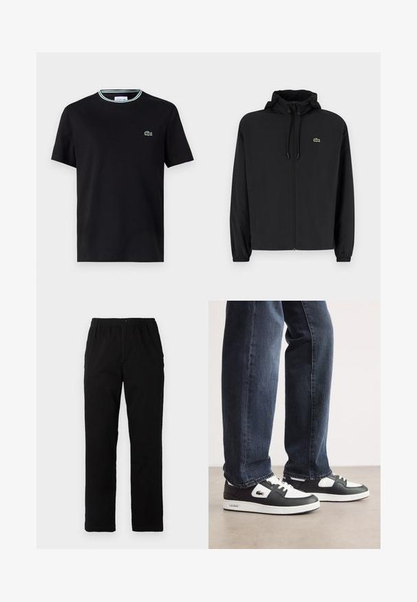 Juodas užtrauktukas striukė su gaubtu, pagaminta iš lengvos medžiagos. Savybės: elastiniai apykaklės ir mažas žalias logotipas kairėje krūtinės pusėje.; Juodas medvilnės marškinėliai su apvalia iškirpte, su baltomis ir žaliomis juostelėmis, ir išsiuvinėtu žaliu krokodilo logotipu kairiajame krūtinės šone.; Juodi kelnės, pagamintos iš medvilnės mišinio, su tiesiomis kirpimo linijomis, elastingu liemeniu su mygtuku ir be aiškių raštų ar akcentų.; Juodos ir baltos Lacoste sportbačiai su tekstūruota odine viršutine dalimi, turi raištelių užsegimą ir baltą guminį pado. Avėti su tamsiomis džinsinėmis kelnėmis.