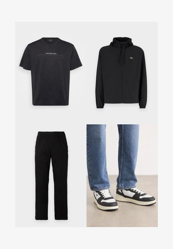 Μαύρο μπουφάν με φερμουάρ και κουκούλα, κατασκευασμένο από ελαφρύ υλικό. Διαθέτει ελαστικούς καρπούς και ένα μικρό πράσινο λογότυπο στο αριστερό στήθος.; Calvin Klein Jeans PLUS MINIMAL LOGO TEE - Μπλουζάκι με στάμπα - black; Μαύρο παντελόνι από ύφασμα με βαμβακερό μίγμα, με ίσια γραμμή, ελαστική μέση με κουμπί και χωρίς ορατά σχέδια ή διακοσμητικά.; Μαύρα και λευκά χαμηλά αθλητικά παπούτσια με υφή στην πάνω πλευρά, τρυπητό δάκτυλο, λευκές κορδόνες και σόλα σε κρέμα απόχρωση.