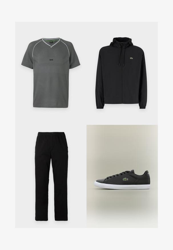 Mustmust jacket, millel näpsuga, kergest materjalist. Omab elastseid mansette ja väikest rohelist logo vasakul rinnal.; Hallide hallaste varrukatega helesinine T-särk, V-kaelusega, tekstuursed kangad ning kontrastsed valged aksendid. Rinnal on logo ja hingav disain.; Mustad mustreid, puuvillast segakanga valmistatud mustad püksid, mis on sirge lõikega, elastse vöökoht ja nööp, ilma nähtavate mustrite või aktsentideta.; Mustad mustad nahast tennisetossud valge kummist tallaga, millel on roheline krokodillilogo ja ümmargused paelad, stiilne disain sujuva tekstuuriga.