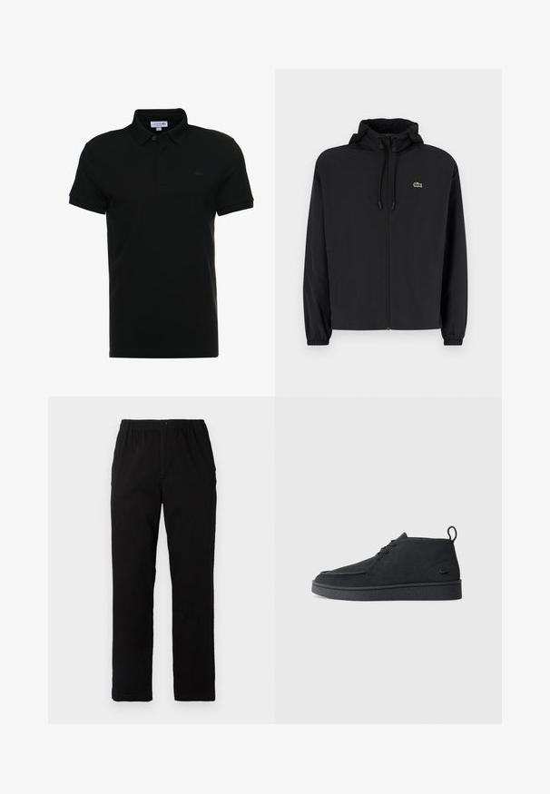 Chaqueta negra con cremallera y capucha, hecha de material ligero. Cuenta con puños elásticos y un pequeño logo verde en el lado izquierdo del pecho.; Polo negro hecho de algodón con cuello clásico, mangas cortas y un logotipo bordado tonal en el lado izquierdo del pecho.; Pantalones negros de tejido de mezcla de algodón, con corte recto, cintura elástica con botón y sin patrones o acentos visibles.; Botines de ante negros con cordones, tirador en la parte trasera y suela texturizada, que presentan un pequeño logo de cocodrilo en relieve en el lateral.