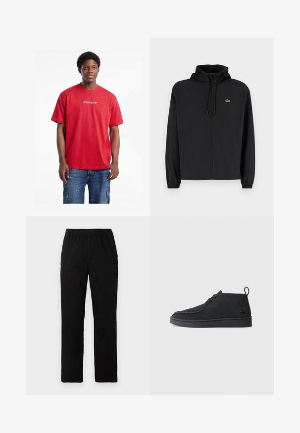 Musta vetoketjullinen takki, jossa on huppu, valmistettu kevyestä materiaalista. Ominaisuuksiin kuuluu joustavat hihansuut ja pieni vihreä logo vasemmassa rinnassa.; Punainen puuvillainen t-paita, jossa on lyhyet hihat ja pyöreä pääntie, edessä valkoinen "GUESS JEANS" -logo, yhdistettyinä farkkucargo-shortseihin.; Mustat housut, jotka on valmistettu puuvilla-sekoitekankaasta, suoran mallin, joustavan vyötärönauhan ja napin kanssa, ilman näkyviä kuvioita tai yksityiskohtia.; Mustat mokka nauhalla suljettavat nilkkasaappaat, joissa on vetotappi ja teksturoitu pohja, sekä pieni kohokuvioitu krokotiililogo sivulla.