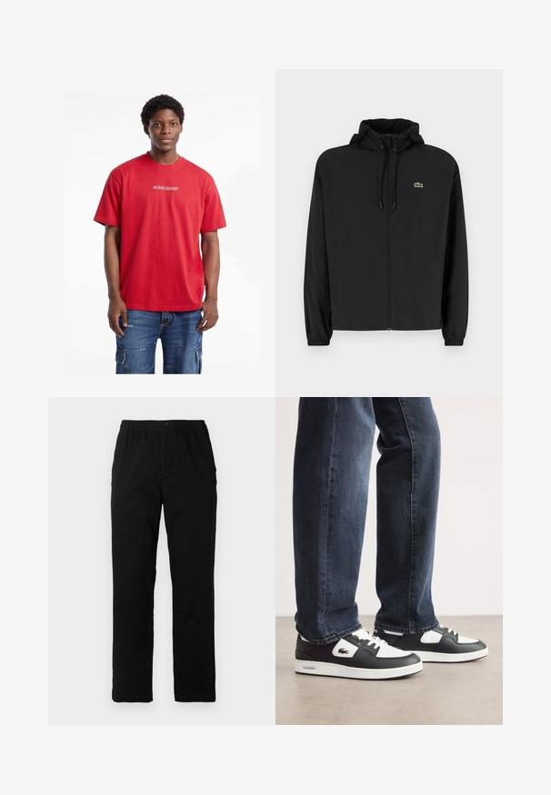 Juodas užtrauktukas striukė su gaubtu, pagaminta iš lengvos medžiagos. Savybės: elastiniai apykaklės ir mažas žalias logotipas kairėje krūtinės pusėje.; Raudona medvilninė marškinė su trumpomis rankovėmis ir apvaliu iškirpimu, priekyje su balta "GUESS JEANS" logotipu, derinamos su džinsiniais kargo šortais.; Juodi kelnės, pagamintos iš medvilnės mišinio, su tiesiomis kirpimo linijomis, elastingu liemeniu su mygtuku ir be aiškių raštų ar akcentų.; Juodos ir baltos Lacoste sportbačiai su tekstūruota odine viršutine dalimi, turi raištelių užsegimą ir baltą guminį pado. Avėti su tamsiomis džinsinėmis kelnėmis.