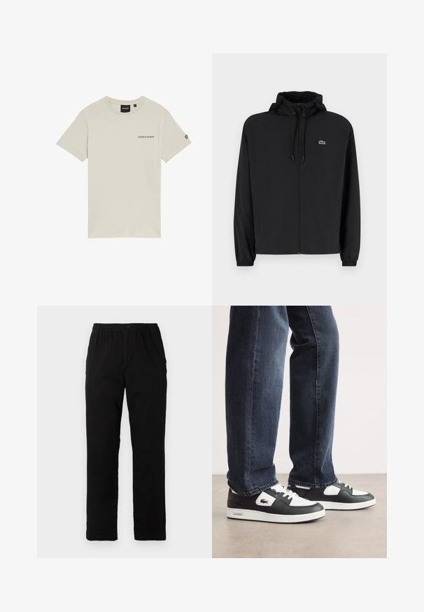 Black zip-up jacket with a hood, made of lightweight material. Features elastic cuffs and a small green logo on the left chest.; Beige cotton t-shirt with a crew neck, short sleeves, and a small "LYLE & SCOTT" logo printed on the chest. Features an embroidered logo on the sleeve.; Black pants made of cotton blend fabric, featuring a straight cut, elastic waistband with button, and no visible patterns or accents.; Black and white Lacoste sneakers with a textured leather upper, featuring a lace-up design and a white rubber outsole. Worn with dark jeans.