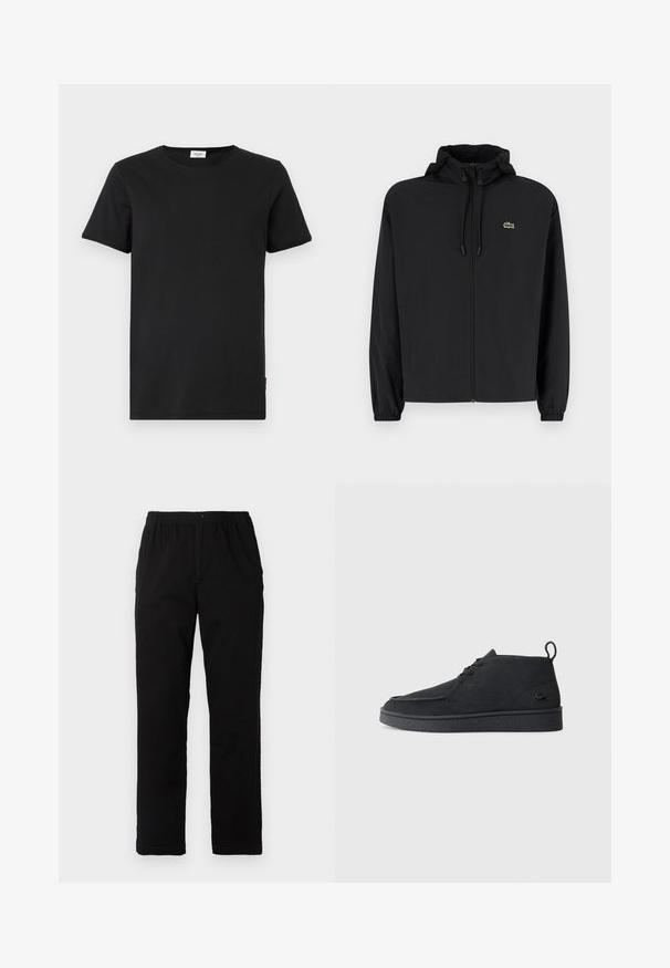 Juodas užtrauktukas striukė su gaubtu, pagaminta iš lengvos medžiagos. Savybės: elastiniai apykaklės ir mažas žalias logotipas kairėje krūtinės pusėje.; Juodas medvilnės marškinėliai su apvaliu kaklu, trumpomis rankovėmis ir tiesiu kirpimu. Yra mažas raudonas akcento etiketė apatinėje pusėje.; Juodi kelnės, pagamintos iš medvilnės mišinio, su tiesiomis kirpimo linijomis, elastingu liemeniu su mygtuku ir be aiškių raštų ar akcentų.; Juodas zomšinės odo aulinukas su raišteliais, turintis traukimą ir tekstūruotą pado dalį, su mažuoju įspaustu krokodilo logotipu šone.