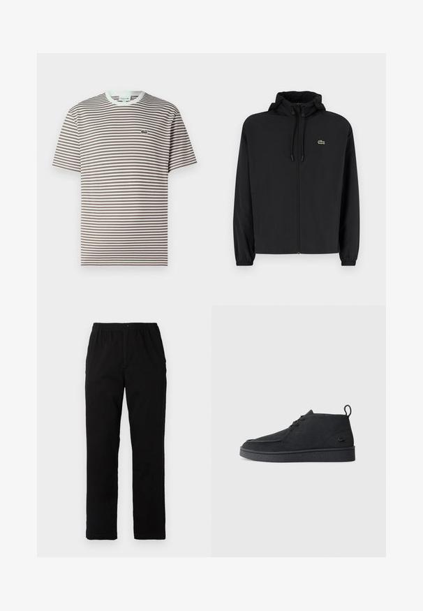 Černá zipová bunda s kapucí, vyrobená z lehkého materiálu. Má elastické manžety a malé zelené logo na levé hrudi.; Krátký rukáv, tričko s kulatým výstřihem, hnědé a bílé vodorovné pruhy a malý zelený krokodýl na levé části hrudi.; Černé kalhoty vyrobené z bavlněné směsi, s rovný střih, elastickým pasem s knoflíkem a bez viditelných vzorů či akcentů.; Černé semišové kotníkové boty na šněrování s poutkem a texturovanou podrážkou, s malým reliéfním krokodýlím logem na boku.