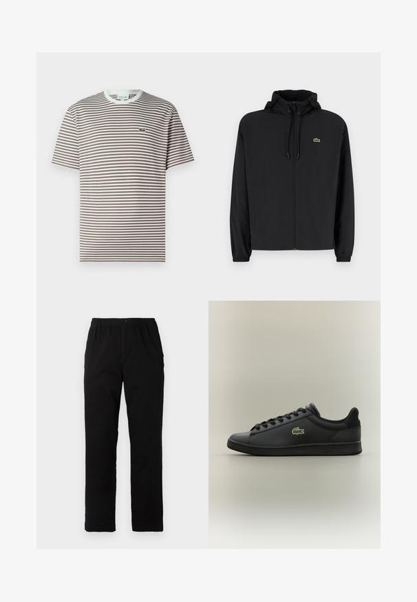 Melnas rāvējslēdzēja jakas ar kapuci, izgatavota no viegla materiāla. Ar elastīgām piedurknēm un mazu zaļu logo kreisajā krūtī.; Īsām piedurkņu T-krekls ar brūnām un baltām horizontālām svītrām un mazu zaļu krokodila logo kreisajā krūtī.; Melnas bikses no kokvilnas maisījuma auduma, ar taisnu griezumu, elastīgu jostasvietu ar pogu un bez redzamām rakstu vai akcentiem.; Melnas zemas ādas tenisa kurpes ar melnām auklām, kurām sānos ir zaļš krokodila logotips, uz neitrāla fona.