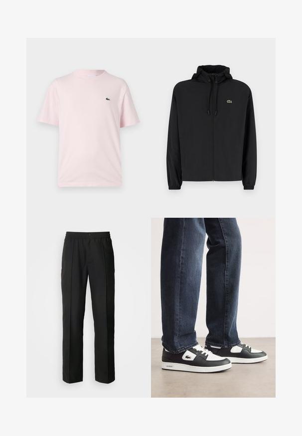 Sort zip-jakke med hætte, lavet af letvægtsmateriale. Har elastiske manchetter og et lille grønt logo på venstre bryst.; Lyserød bomulds t-shirt med korte ærmer. Har et lille grønt broderet logo på venstre bryst. Rund halsudskæring.; Sorte bukser med lige ben, fremstillet af glat stof. Har en elastisk talje og en knaplukning.; Sorte og hvide Lacoste sneakers med en struktureret læderoverdel, der har snørebåndsdesign og en hvid gummisål. Båret med mørke jeans.