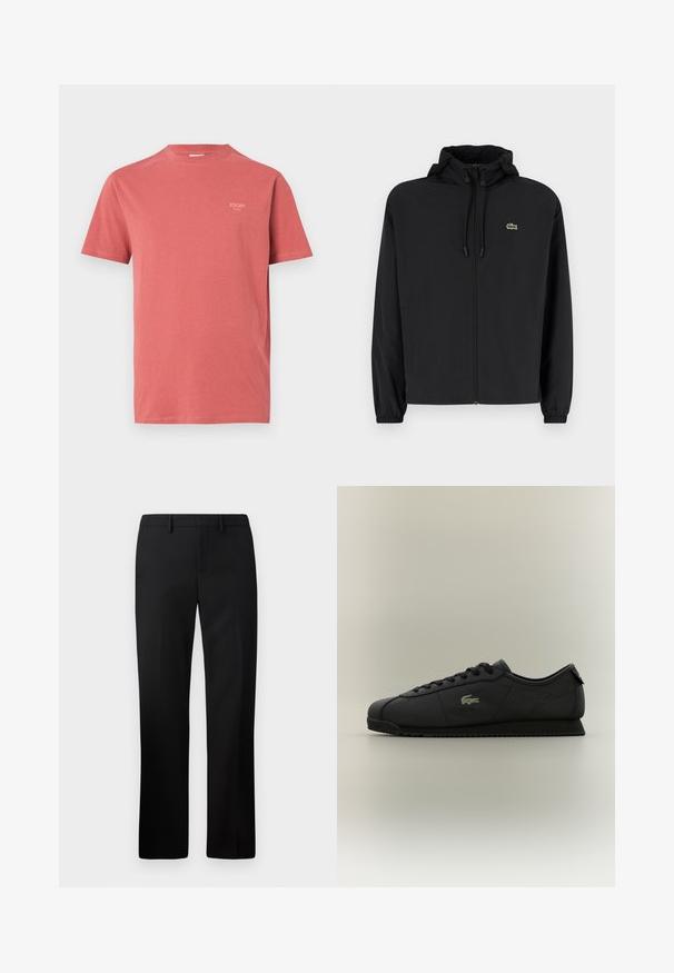 Svart zip-up jakke med hette, laget av lett materiale. Har elastiske mansjetter og en liten grønn logo på venstre bryst.; Rød bomulls t-skjorte med korte ermer og rund hals, med en liten merke-logo på øvre venstre bryst. Glatt tekstur.; Sorte skreddersydde bukser med rette ben, laget av glatt stoff. Funksjoner inkluderer flat front og middels høy livlinje.; Svart lavt topp sneaker med snøring foran, teksturert såle og gull krokodille-logo på siden.