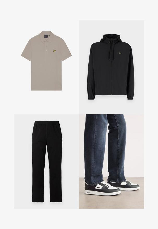 Crna jakna na zip s kapuljačom, izrađena od laganog materijala. Ima elastične manžete i mali zeleni logotip na lijevoj strani prsnog koša.; Bež majica polo napravljena od pamuka, s tri gumba na prednjem dijelu i malim žutim izvezenim logom ptice na lijevoj strani prsiju.; Crne hlače od pamuka s dodatkom, ravnog kroja, s elastičnim pojasom i dugmetom, bez vidljivih uzoraka ili ukrasa.; Crno-bijele Lacoste tenisice s teksturiranim kožnim gornjim dijelom, s vezanjem i bijelim gumiranim potplatom. Nosi se s tamnim trapericama.