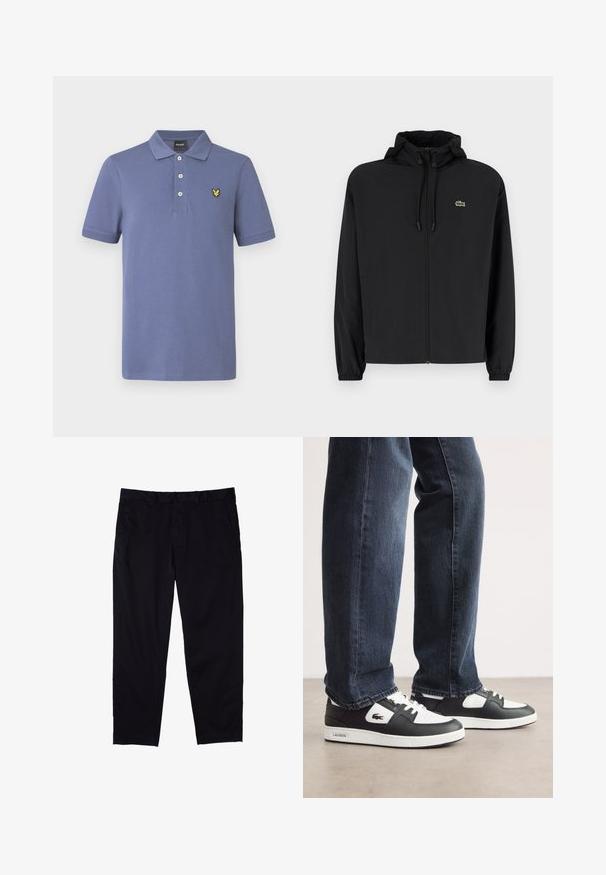 Chaqueta negra con cremallera y capucha, hecha de material ligero. Cuenta con puños elásticos y un pequeño logo verde en el lado izquierdo del pecho.; Polo de algodón azul claro con cuello clásico, tapeta de tres botones y bordado de logotipo amarillo en el pecho izquierdo.; Pantalones negros de algodón con diseño de pierna recta, que cuentan con cierre de botón, bolsillos laterales y una textura suave.; Zapatillas Lacoste en blanco y negro con una parte superior de cuero texturizado, que presentan un diseño con cordones y una suela de goma blanca. Combinadas con jeans oscuros.
