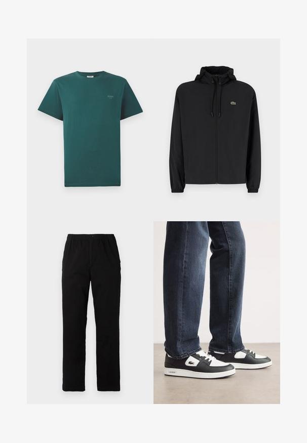 Černá zipová bunda s kapucí, vyrobená z lehkého materiálu. Má elastické manžety a malé zelené logo na levé hrudi.; Tyrkysové bavlněné tričko s krátkými rukávy, kulatým výstřihem a malým logem "JOOP!" vytištěným v světlejší barvě na přední straně.; Černé kalhoty vyrobené z bavlněné směsi, s rovný střih, elastickým pasem s knoflíkem a bez viditelných vzorů či akcentů.; Černo-bílé tenisky Lacoste s texturovaným koženým svrškem, se šněrovacím designem a bílou gumovou podešví. Nosené s tmavými džíny.