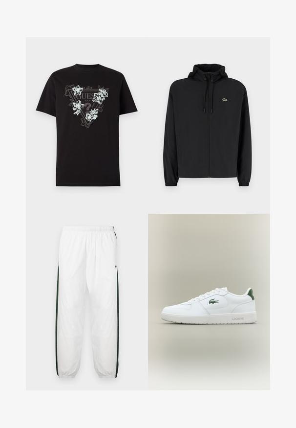 Black zip-up jacket with a hood, made of lightweight material. Features elastic cuffs and a small green logo on the left chest.; Black cotton t-shirt featuring a triangular logo with a floral design in light blue and white. Short sleeves and standard fit.; White track pants with dark green side panels. Lightweight material, elastic waistband, and cuffed hems. Features mesh texture on side panels.; White leather sneaker with a smooth finish, green accents on the heel, and a green logo on the side. Features a flat sole and round toe.