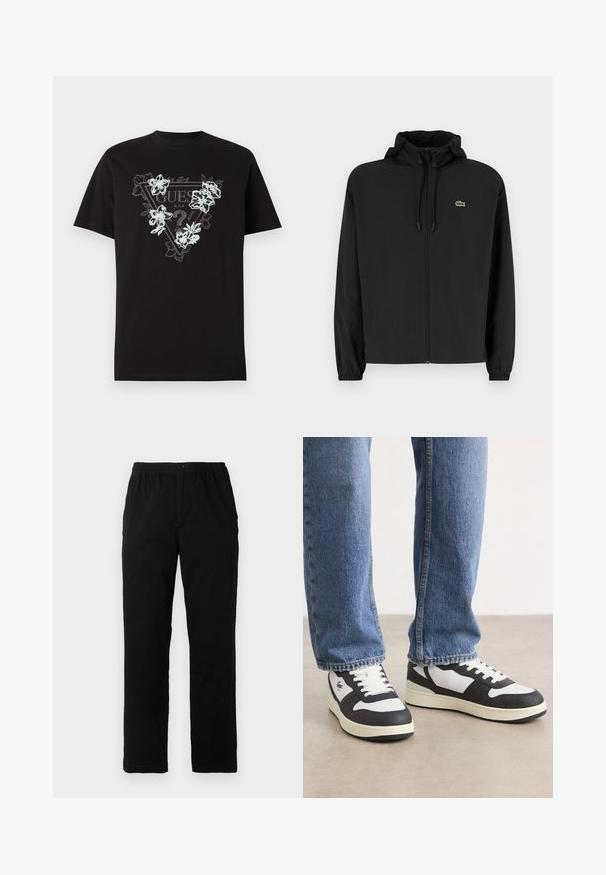 Čierna mikina na zips s kapucňou, vyrobená z ľahkého materiálu. Má elastické manžety a malú zelenú značku na ľavej hrudi.; Čierne bavlnené tričko s krátkymi rukávmi a klasickým strihom, na ktorom sa nachádza trojuholníkový dizajn loga so kvetinovým vzorom v svetlomodrej a bielej farbe.; Čierne nohavice vyrobené z bavlnenej zmesi, so strihom rovného strihu, elastickým pásom s gombíkom a bez viditeľných vzorov alebo akcentov.; Čierno-biele nízke tenisky s textúrovaným zvrškom, perforovanou špičkou, bielymi šnúrkami a krémovou podrážkou.