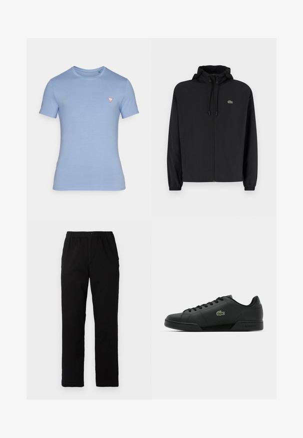 Sort zip-jakke med hætte, lavet af letvægtsmateriale. Har elastiske manchetter og et lille grønt logo på venstre bryst.; Lysblå kortærmet T-shirt lavet af bomuld. Har en rund halsudskæring og et lille rødt trekantet logo på brystet.; Sorte bukser lavet af en bomuldsblandingsstof, med lige snit, elastisk talje med knap, og uden synlige mønstre eller detaljer.; Sort sneakers lavet af glat læder med rund tå, snørebånd foran og broderet grønt krokodillelogo på siden. Gummisål.