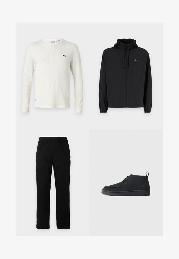 Giacca nera con zip e cappuccio, realizzata in materiale leggero. Caratterizzata da polsini elasticizzati e un piccolo logo verde sul petto sinistro.; Camicia henley a maniche lunghe color crema in cotone morbido, con una patta a tre bottoni e un piccolo logo ricamato verde sul petto.; Pantaloni neri realizzati in un tessuto misto cotone, caratterizzati da un taglio dritto, vita elastica con bottone e senza motivi o dettagli visibili.; Stivale alla caviglia in suede nero con lacci, dotato di una linguetta per il tiraggio e suola testurizzata, caratterizzato da un piccolo logo a forma di coccodrillo embossato sul lato.