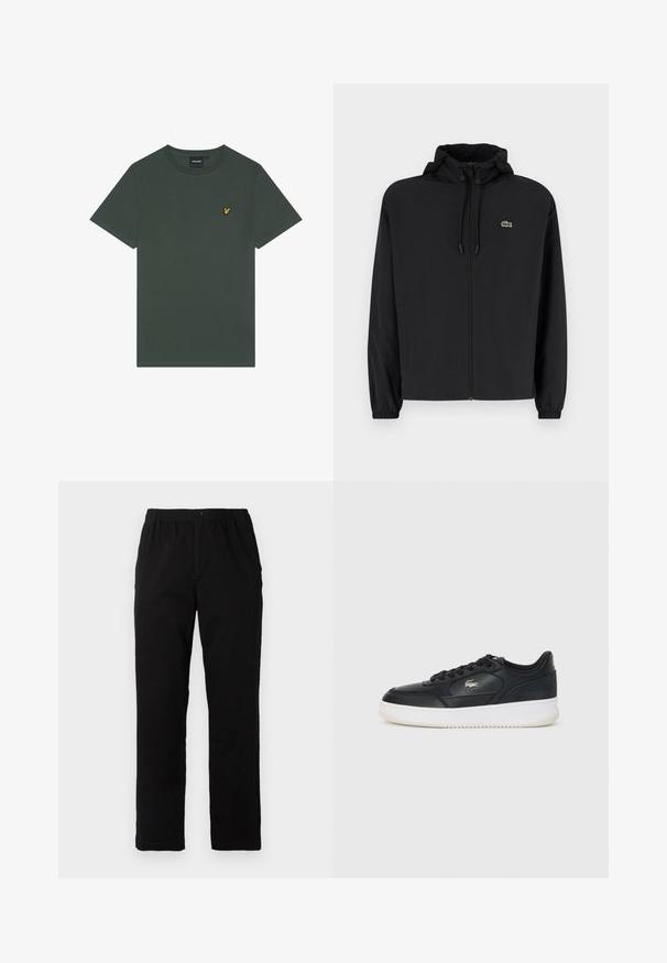 Sort zip-jakke med hætte, lavet af letvægtsmateriale. Har elastiske manchetter og et lille grønt logo på venstre bryst.; Mørkegrøn bomuld T-shirt med rund hals og korte ærmer. Har en lille gul broderet logo på venstre bryst.; Sorte bukser lavet af en bomuldsblandingsstof, med lige snit, elastisk talje med knap, og uden synlige mønstre eller detaljer.; Sorte lædersneakers med hvid sål, der har en rund tå, snørebåndsdesign og et diskret logo på siden. Teksturerede overskydende detaljer.