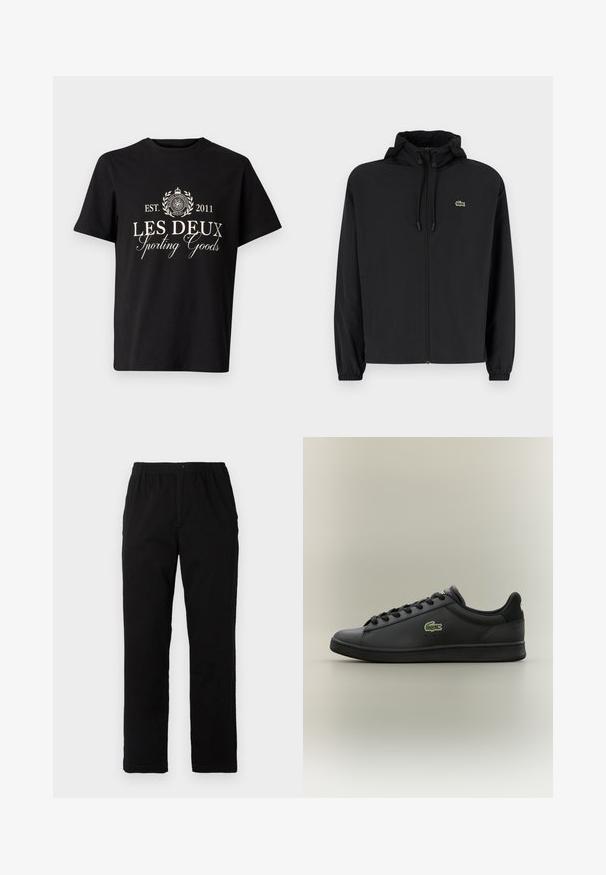 Svart zip-up jakke med hette, laget av lett materiale. Har elastiske mansjetter og en liten grønn logo på venstre bryst.; Svart bomull T-skjorte med rund hals, med hvit trykket tekst: "LES DEUX Sporting Goods" og en logo med laurbær-akenter.; Sorte bukser laget av bomullsblandet stoff, med rett snitt, elastisk midjebånd med knapp, og uten synlige mønstre eller detaljer.; Sorte lavoyer skinnesko med svarte snørebånd og en grønn krokodillelogo på siden, plassert mot en enkel nøytral bakgrunn.