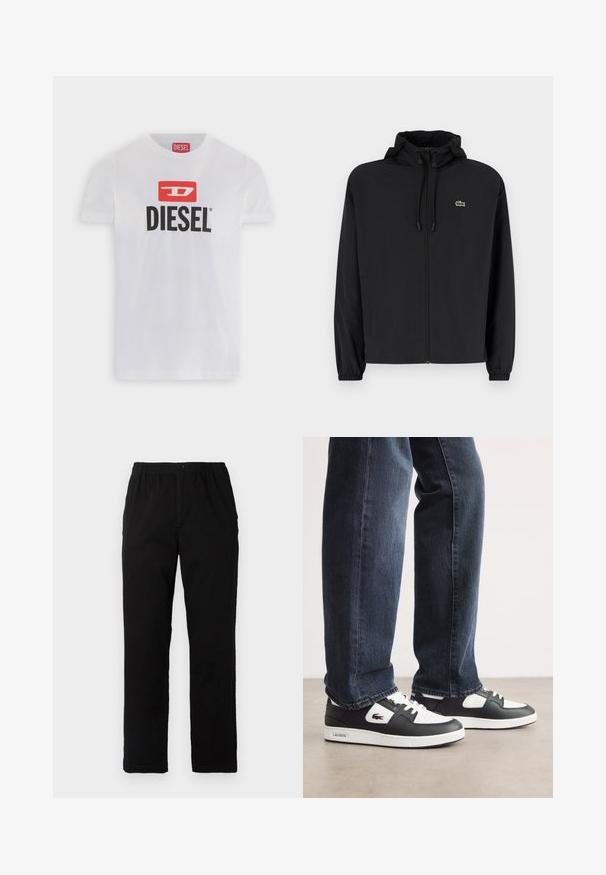 Černá zipová bunda s kapucí, vyrobená z lehkého materiálu. Má elastické manžety a malé zelené logo na levé hrudi.; Bílý bavlněný tričko s výrazným černým logem "DIESEL" pod červeným obdélníkovým pozadím, na kterém je stylizované písmeno "D."; Černé kalhoty vyrobené z bavlněné směsi, s rovný střih, elastickým pasem s knoflíkem a bez viditelných vzorů či akcentů.; Černo-bílé tenisky Lacoste s texturovaným koženým svrškem, se šněrovacím designem a bílou gumovou podešví. Nosené s tmavými džíny.