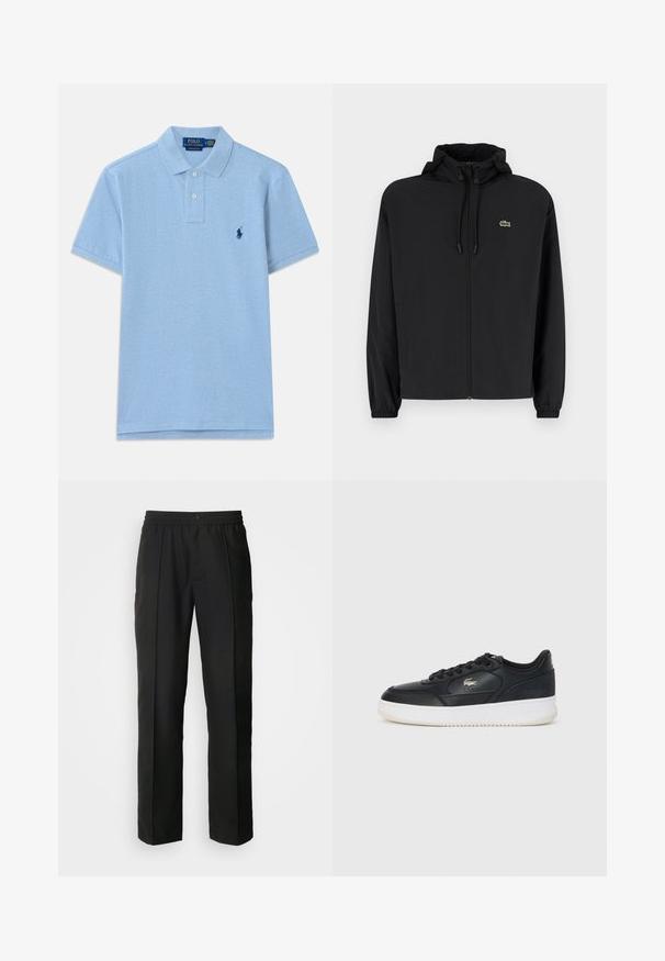 Jachetă neagră cu fermoar și glugă, fabricată din material ușor. Are manșete elastice și un mic logo verde pe pieptul stâng.; Polo din bumbac de culoare albastră deschisă. Prezintă o deschidere cu trei nasturi și un logo brodat de culoare albastră închisă pe partea stângă a pieptului. Mâneci scurte.; Pantaloni negri cu un design drept, confecționați dintr-un material neted. Prezintă un tiv elastic și un sistem de închidere cu nasture.; Adidași din piele neagră cu talpă albă, prezentând un vârf rotund, un design cu șireturi și un logo subtil pe lateral. Accente texturate la suprafață.