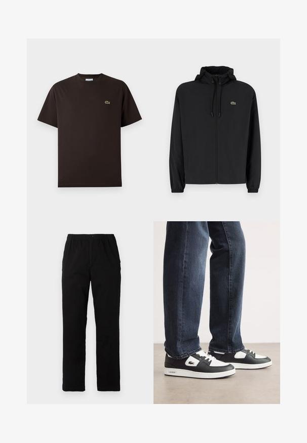 Svart zip-up jakke med hette, laget av lett materiale. Har elastiske mansjetter og en liten grønn logo på venstre bryst.; Brun kortermet T-skjorte laget av bomull. Har en subtil grønn brodert krokodillelogo på venstre bryst. Klassisk crew neck-design.; Sorte bukser laget av bomullsblandet stoff, med rett snitt, elastisk midjebånd med knapp, og uten synlige mønstre eller detaljer.; Sorte og hvite Lacoste sneakers med en teksturert skinnoverdel, med snøring og en hvit gummisåle. Brukt med mørke jeans.
