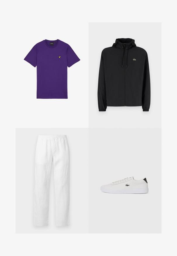 Mustmust jacket, millel näpsuga, kergest materjalist. Omab elastseid mansette ja väikest rohelist logo vasakul rinnal.; Lilla puuvillane T-särk lühikeste varrukatega, ümara kaelusega ja väikese kollase linnukujutisega vasakul rinnal. Lihtne ja kaunistusteta disain.; Valged linased püksid, millel on elastne vöökoht, sirge säärejoon ja pehme tekstuur, ilma nähtavate mustrite või riistvara detailideta.; Valge nahast tenniseking ümara ninaga, lukkude ja musta kontsa aktsendiga. Külgedel on väike broderi krokodilli logo.