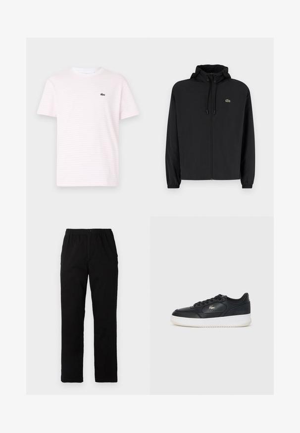 Fekete, kapucnis, cipzáras dzseki, könnyű anyagból készült. Rugalmas mandzsettákkal és egy kis zöld logóval rendelkezik a bal mellrészen.; Csíkos rövidujjú póló világos rózsaszín és fehér színben, kerek nyakkivágással és egy kis zöld krokodil logóval a mellkason.; Fekete pamut keverék anyagú nadrág, egyenes szabású, rugalmas derékrésszel és gombbal, látható minták vagy díszítések nélkül.; Fekete bőrsportcipő fehér talppal, lekerekített orral, fűzős kivitelben, és diszkrét logóval az oldalon. Texturált felsőrész kiemelésekkel.