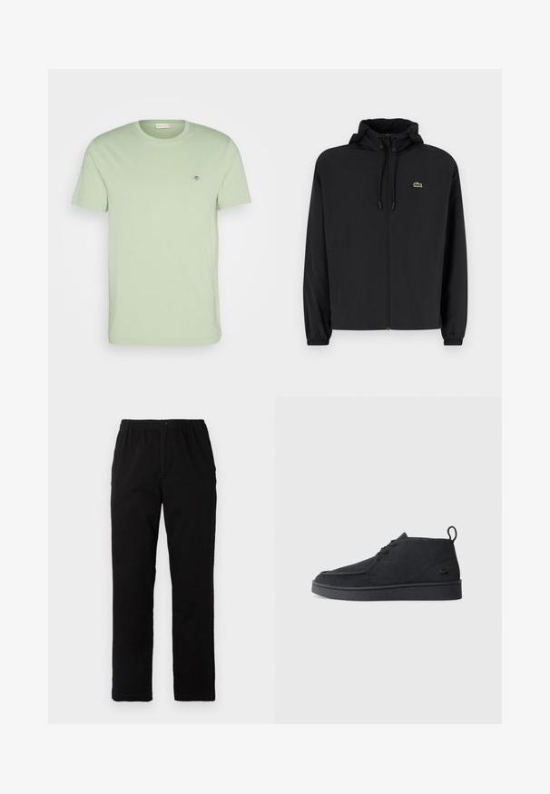 Črna jakna na zadrgo s kapuco, izdelana iz lahkega materiala. Ima elastične manšete in majhen zeleni logotip na levem prsnem delu.; GANT SHIELD - Navadna majica - milky matcha; Črne hlače iz mešanice bombaža, s ravnim krojem, elastičnim pasom z gumbom in brez vidnih vzorcev ali akcentov.; Črni nubuk gležnjarji z vezalkami in zanko za poteg, z teksturiranim podplatom ter majhnim embosiranim krokodilovim logotipom na strani.