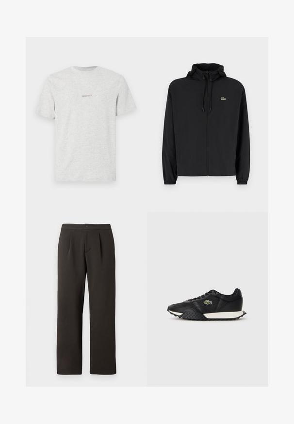 Črna jakna na zadrgo s kapuco, izdelana iz lahkega materiala. Ima elastične manšete in majhen zeleni logotip na levem prsnem delu.; Siva bombažna majica s kratkimi rokavi, okroglo ovratnikom in majhnim rjavordečim potiskom s besedilom "LES DEUX" na sprednji strani.; Temno rjave hlače ravnega kroja s ploščo spredaj, dvema naborkoma in gumbom za zapiranje. Narejene so iz gladkega blaga z rahlo teksturo.; Črne teniske z gladkim usnjenim zaključkom, opremljene z teksturirano gumijasto podplatom, belim medpodplatom in zeleno izvezenim logotipom na strani.