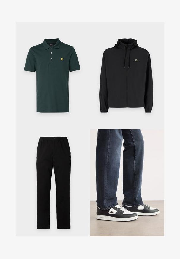 Črna jakna na zadrgo s kapuco, izdelana iz lahkega materiala. Ima elastične manšete in majhen zeleni logotip na levem prsnem delu.; Lyle & Scott PLAIN - Polo majica - argyle teal; Črne hlače iz mešanice bombaža, s ravnim krojem, elastičnim pasom z gumbom in brez vidnih vzorcev ali akcentov.; Črno-bele Lacoste superge z zgornjim delom iz teksturirane usnje, s čipkastim zapiranjem in belim gumijastim podplatom. Oblečene z temnimi kavbojkami.