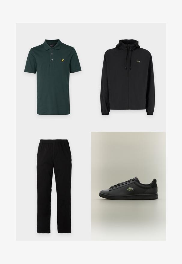 Chaqueta negra con cremallera y capucha, hecha de material ligero. Cuenta con puños elásticos y un pequeño logo verde en el lado izquierdo del pecho.; Lyle & Scott PLAIN - Polo - argyle teal; Pantalones negros de tejido de mezcla de algodón, con corte recto, cintura elástica con botón y sin patrones o acentos visibles.; Zapatilla baja de cuero negra con cordones negros que presenta un logo de cocodrilo verde en el lateral, contra un fondo neutro liso.