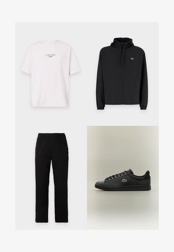 Juodas užtrauktukas striukė su gaubtu, pagaminta iš lengvos medžiagos. Savybės: elastiniai apykaklės ir mažas žalias logotipas kairėje krūtinės pusėje.; Šviesiai rožinė trumpomis rankovėmis medvilninė marškinėliai su tekstu "Calvin Klein JEANS" centruotu ant krūtinės priešais vientisą foną.; Juodi kelnės, pagamintos iš medvilnės mišinio, su tiesiomis kirpimo linijomis, elastingu liemeniu su mygtuku ir be aiškių raštų ar akcentų.; Juodas žemas odinis sportbaikis su juodais raišteliais, šone esantis žalias krokodilo logotipas, prieš neutralų fono.