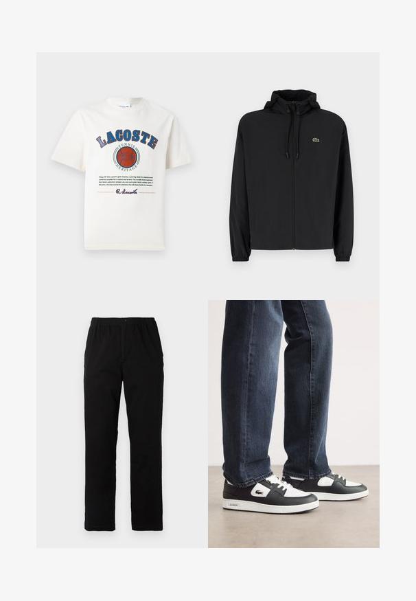 Čierna mikina na zips s kapucňou, vyrobená z ľahkého materiálu. Má elastické manžety a malú zelenú značku na ľavej hrudi.; Biele bavlnené tričko s modrým a červeným grafickým textom, ilustráciami a logom na prednej strane, s okrúhlym výstrihom a krátkymi rukávmi.; Čierne nohavice vyrobené z bavlnenej zmesi, so strihom rovného strihu, elastickým pásom s gombíkom a bez viditeľných vzorov alebo akcentov.; Čierno-biele tenisky Lacoste s textúrovanou kožou, so šnurovaním a bielou gumovou vystuženou podrážkou. Nosené s tmavými džínsami.
