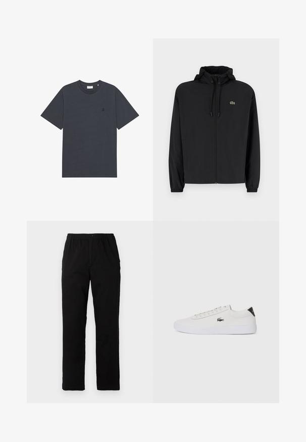 Melnas rāvējslēdzēja jakas ar kapuci, izgatavota no viegla materiāla. Ar elastīgām piedurknēm un mazu zaļu logo kreisajā krūtī.; Tumši pelēka kokvilnas T-krekls ar apaļu kaklu un īsām piedurknēm. Kreisajā krūšu daļā neliels melns "II" logotips. Gluda faktūra un brīvs piegriezums.; Melnas bikses no kokvilnas maisījuma auduma, ar taisnu griezumu, elastīgu jostasvietu ar pogu un bez redzamām rakstu vai akcentiem.; Baltas ādas sporta apavu modelis ar noapaļotu purngalu, sasienamu priekšpusi un melnu papēža akcentu. Satur nelielu izšūtu krokodila logo sānos.