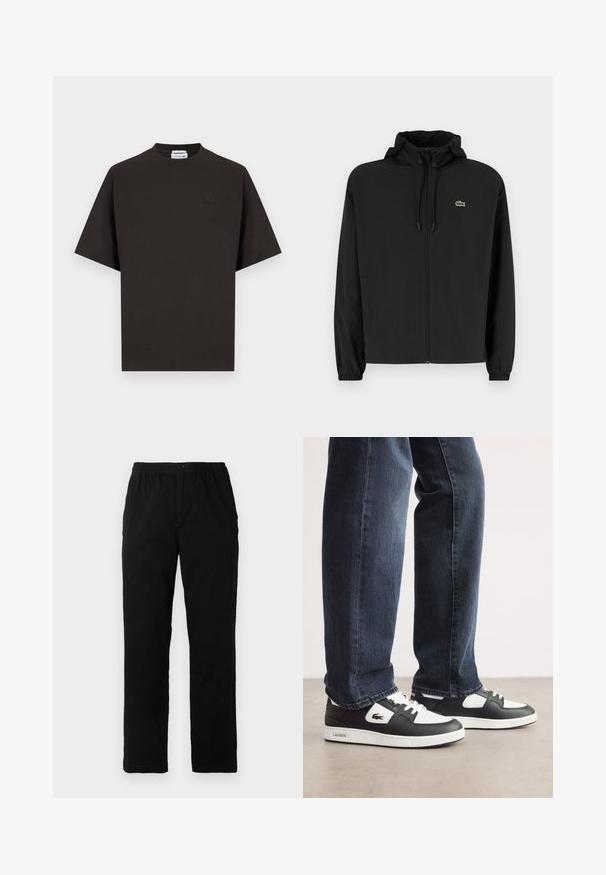 Giacca nera con zip e cappuccio, realizzata in materiale leggero. Caratterizzata da polsini elasticizzati e un piccolo logo verde sul petto sinistro.; T-shirt nera a maniche corte con scollo rotondo, piccolo logo coccodrillo Lacoste tono su tono sul petto a sinistra e orlo dritto.; Pantaloni neri realizzati in un tessuto misto cotone, caratterizzati da un taglio dritto, vita elastica con bottone e senza motivi o dettagli visibili.; Sneaker Lacoste in bianco e nero con tomaia in pelle testurizzata, dotate di un design con lacci e suola in gomma bianca. Indossate con jeans scuri.