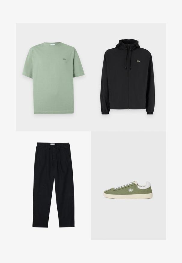 Črna jakna na zadrgo s kapuco, izdelana iz lahkega materiala. Ima elastične manšete in majhen zeleni logotip na levem prsnem delu.; Svetlo zelena majica kratkih rukava iz bombaža, s malim izvezenim logotipom na prsima i okruglim izrezom.; Pier One Hlače chino - black; Zelene platnene teniske z belimi vezalkami in belim robom na peti. Imajo Lacoste logo v beli barvi. Klasična nizka silhueta in gumijast podplat.