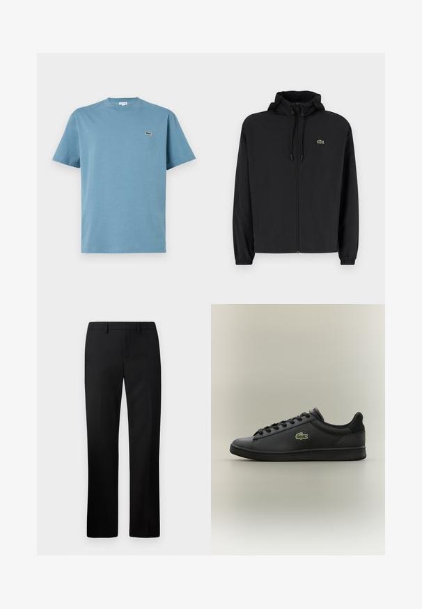 Fekete, kapucnis, cipzáras dzseki, könnyű anyagból készült. Rugalmas mandzsettákkal és egy kis zöld logóval rendelkezik a bal mellrészen.; Világoskék pamut póló, kerek nyakkivágással, rövid ujjakkal és egy kis hímzett logóval a mellkason. Simára vasalt textúra, laza stílus.; Fekete, egyenes lábú szabott nadrág, sima anyagból készült. Jellemzői közé tartozik a lapos eleje és a közepes magasságú derékszíj.; Fekete, alacsony szárú bőr sneaker fekete fűzőkkel, az oldalán zöld krokodil logóval, egy egyszerű, semleges háttér előtt.