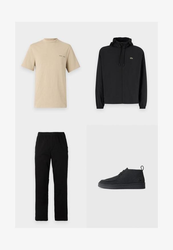 Černá zipová bunda s kapucí, vyrobená z lehkého materiálu. Má elastické manžety a malé zelené logo na levé hrudi.; Béžové bavlněné tričko s kulatým výstřihem a krátkými rukávy. Vyznačuje se decentním černým logem "SAMSOE" na hrudi.; Černé kalhoty vyrobené z bavlněné směsi, s rovný střih, elastickým pasem s knoflíkem a bez viditelných vzorů či akcentů.; Černé semišové kotníkové boty na šněrování s poutkem a texturovanou podrážkou, s malým reliéfním krokodýlím logem na boku.
