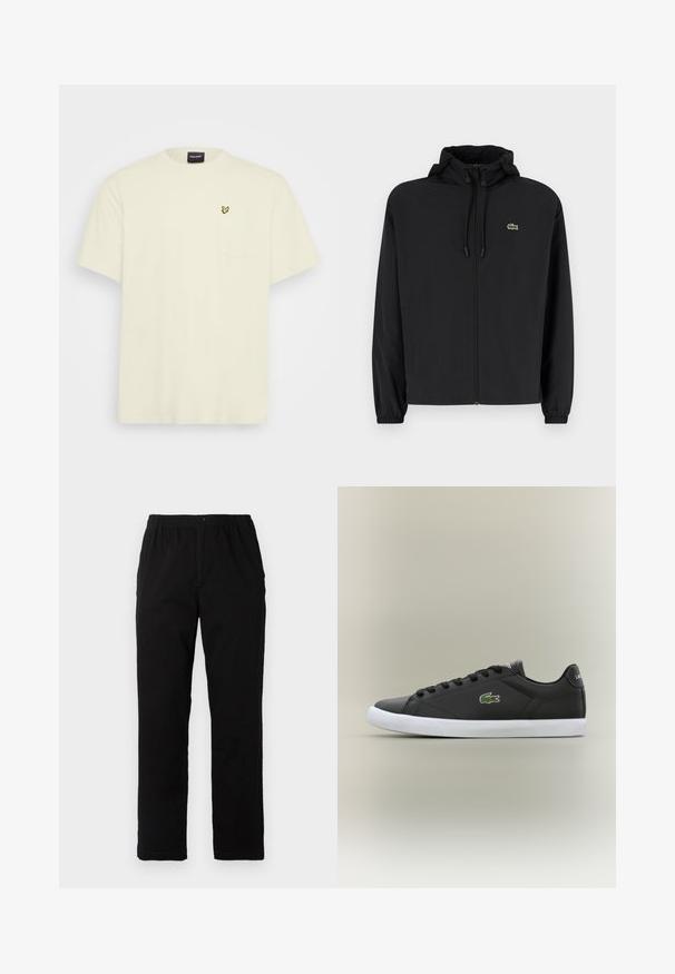 Fekete, kapucnis, cipzáras dzseki, könnyű anyagból készült. Rugalmas mandzsettákkal és egy kis zöld logóval rendelkezik a bal mellrészen.; Rövid ujjú, világos krém színű pamut póló. Zseből és egy kis sárga pillangó logóból áll a mellkasán. Kerek nyakkivágással rendelkezik.; Fekete pamut keverék anyagú nadrág, egyenes szabású, rugalmas derékrésszel és gombbal, látható minták vagy díszítések nélkül.; Fekete bőr sportcipők fehér gumitalppal, zöld krokodil logóval és kerek fűzőkkel, elegáns dizájn sima felülettel.