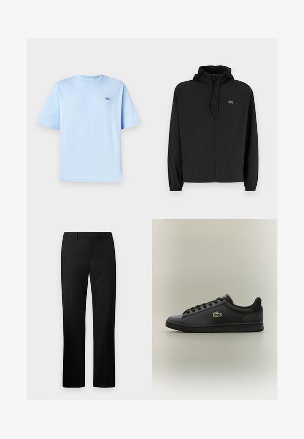 Zwarte zip-up jas met een capuchon, gemaakt van lichtgewicht materiaal. Heeft elastische manchetten en een klein groen logo op de linkerborst.; Lichtblauwe katoenen T-shirt met ronde hals, korte mouwen en een klein geborduurd logo op de linkerborst. Zachte textuur, casual pasvorm.; Zwarte op maat gemaakte broek met een rechte pijpdesign, gemaakt van gladde stof. Kenmerken zijn onder andere een platte voorkant en een middelhoge tailleband.; Zwarte leren sneaker met lage schacht en zwarte veters, met een groen krokodillenlogo aan de zijkant, tegen een neutrale achtergrond.