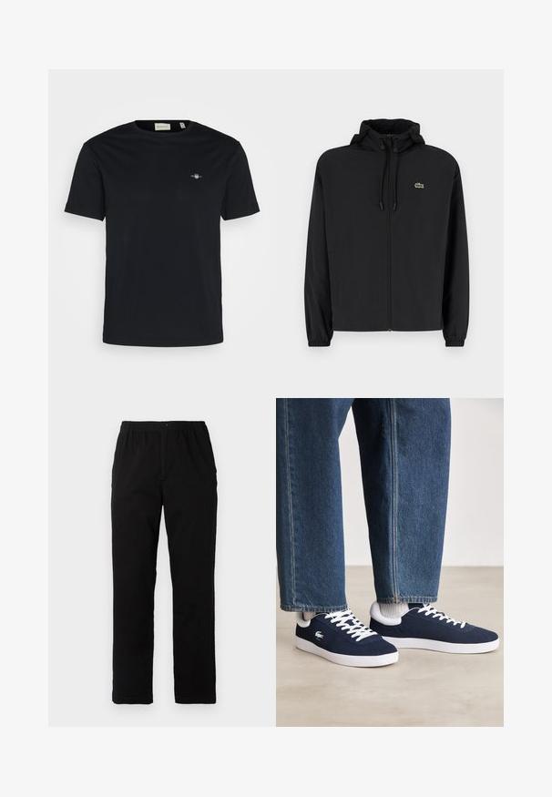 Crna jakna na zip s kapuljačom, izrađena od laganog materijala. Ima elastične manžete i mali zeleni logotip na lijevoj strani prsnog koša.; Crna pamučna majica s okruglim izrezom, kratkim rukavima i malim logotipom na prsima. Glatka textura, standardna veličina i bez vidljivih uzoraka.; Crne hlače od pamuka s dodatkom, ravnog kroja, s elastičnim pojasom i dugmetom, bez vidljivih uzoraka ili ukrasa.; Plave platnene tenisice s bijelim vezicama i gumenim potplatima, prikazane s traper hlačama i sivim rebrastim čarapama, na svijetlosivoj površini.