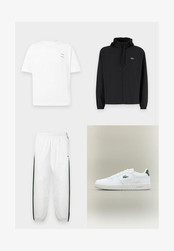 Schwarze Zip-Jacke mit Kapuze, aus leichtem Material hergestellt. Verfügt über elastische Bündchen und ein kleines grünes Logo auf der linken Brust.; Weißes Baumwoll-T-Shirt mit lässiger Passform, kurzen Ärmeln und V-Ausschnitt. Verfügt über zwei kleine schwarze gedruckte Logos auf der linken Seite.; Weiße Trainingshose mit dunkelgrünen Seiteneinsätzen. Leichtes Material, elastischer Bund und gerippte Säume. Mit Netzstruktur an den Seiteneinsätzen.; Weiße Leder-Sneaker mit glatter Oberfläche, grünen Akzenten an der Ferse und einem grünen Logo an der Seite. Verfügt über eine flache Sohle und eine runde Zehenform.