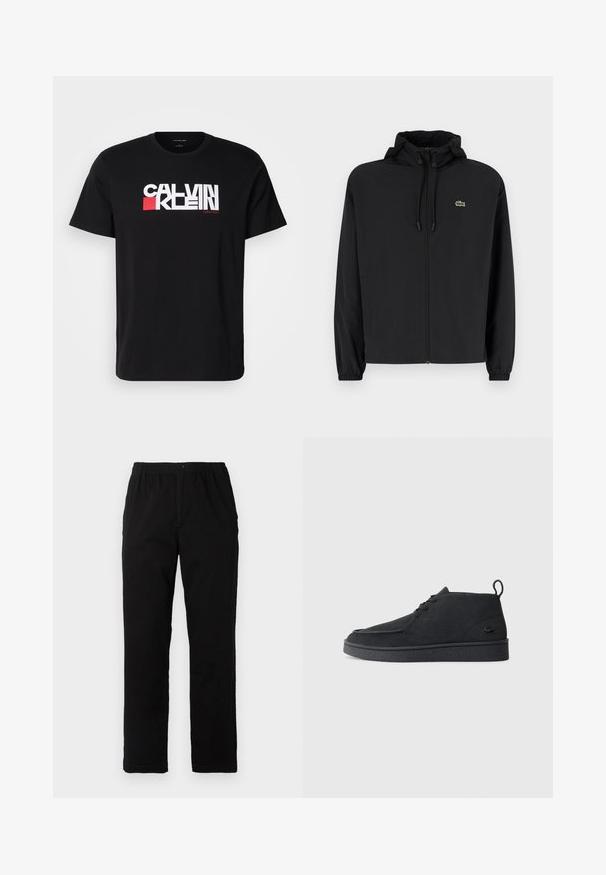 Black zip-up jacket with a hood, made of lightweight material. Features elastic cuffs and a small green logo on the left chest.; Black cotton t-shirt featuring bold white and red "CALVIN KLEIN" logo across the chest. Short sleeves and crew neck design.; Black pants made of cotton blend fabric, featuring a straight cut, elastic waistband with button, and no visible patterns or accents.; Black suede lace-up ankle boot with pull tab and textured sole, featuring small embossed crocodile logo on the side.