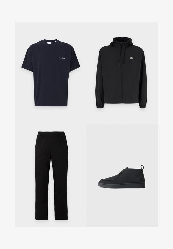 Juodas užtrauktukas striukė su gaubtu, pagaminta iš lengvos medžiagos. Savybės: elastiniai apykaklės ir mažas žalias logotipas kairėje krūtinės pusėje.; Tamsiai mėlynas medvilnės marškinėliai trumpomis rankovėmis, apvaliu kaklu ir siuvinėtu "Les Deux" logotipu ant krūtinės šviesios spalvos. Paprastas, nepuošnus dizainas.; Juodi kelnės, pagamintos iš medvilnės mišinio, su tiesiomis kirpimo linijomis, elastingu liemeniu su mygtuku ir be aiškių raštų ar akcentų.; Juodas zomšinės odo aulinukas su raišteliais, turintis traukimą ir tekstūruotą pado dalį, su mažuoju įspaustu krokodilo logotipu šone.